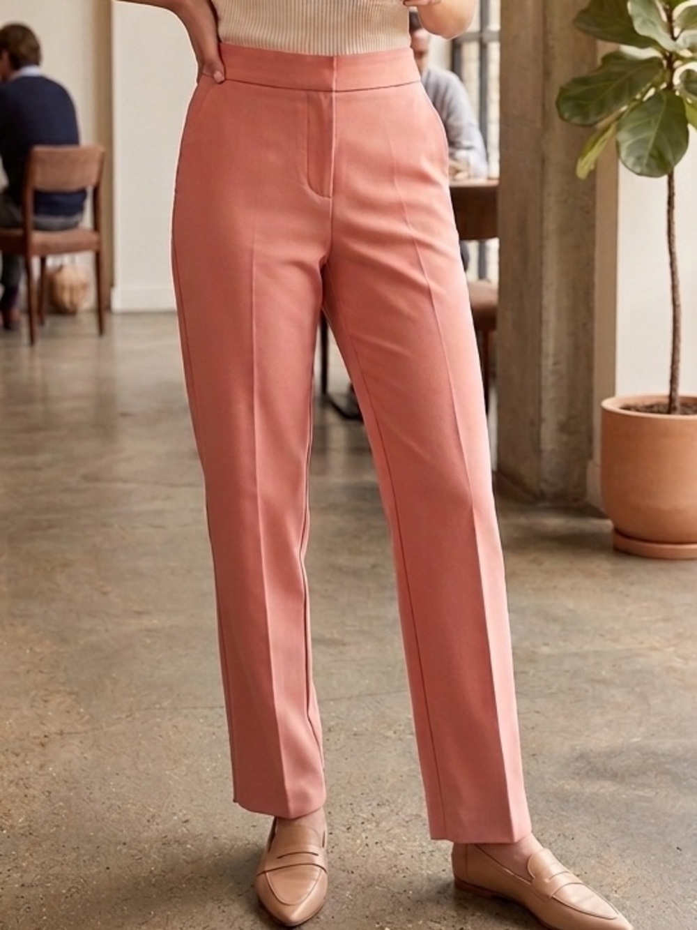 LOFT High-Rise Straight Leg Trousers Rose Pink Slit Hem Marisa